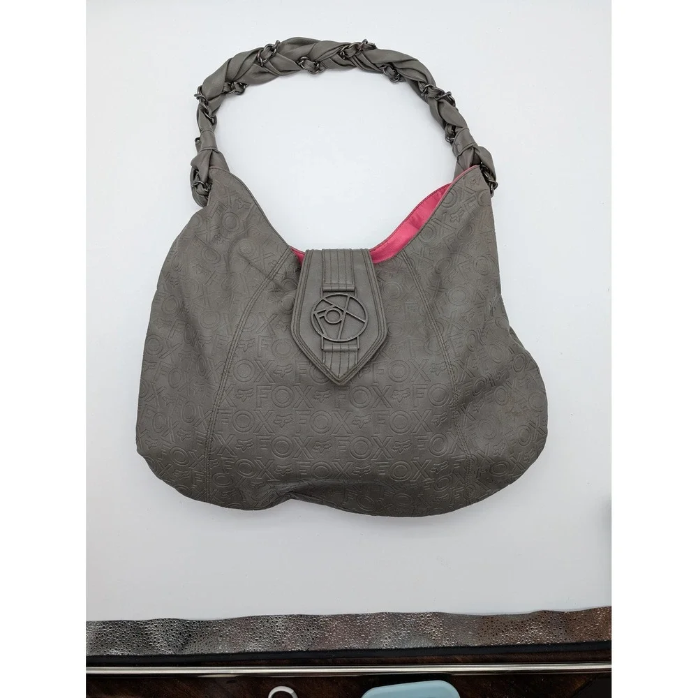 Fox Racing Grey Embossed Logo Hobo Bag Pink Interior Braided Chain Strap Womens